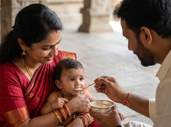 Annaprashan Maha Samskara ritual showing mother holding infant being offered consecrated first food with silver spoon before the sacred Vedic fire