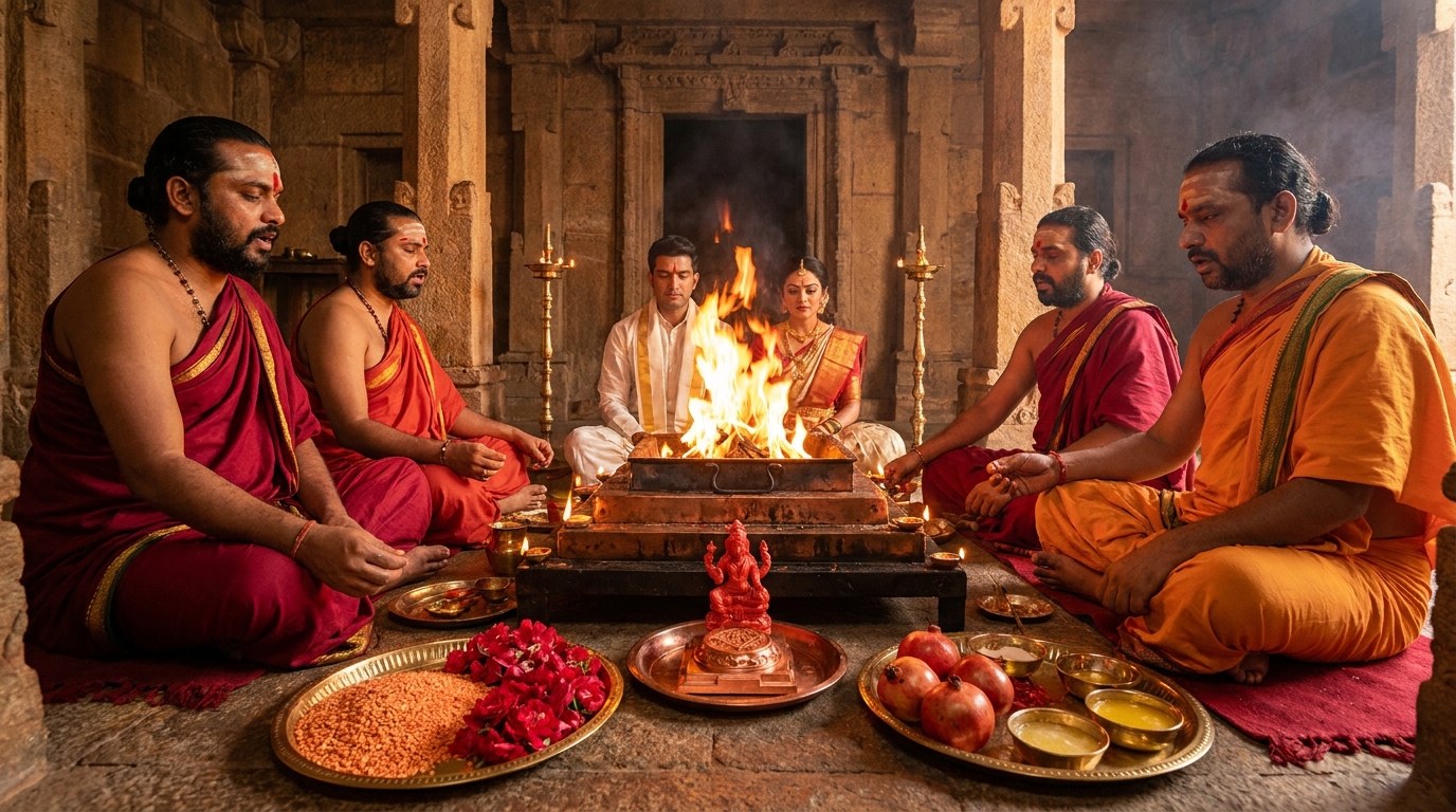 Solemnization of Mangal Shanti Maha Yagya by certified Shrauta Acharyas around sacred fire kunda