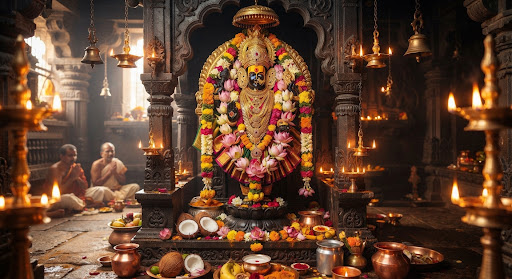 Sri Mahalakshmi temple sanctum in Kolhapur used for Lakshmi Puja