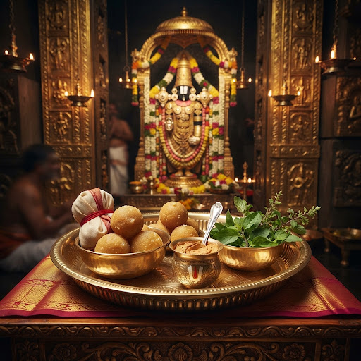 Tirupati Balaji temple offering of tulsi and laddu Prasad
